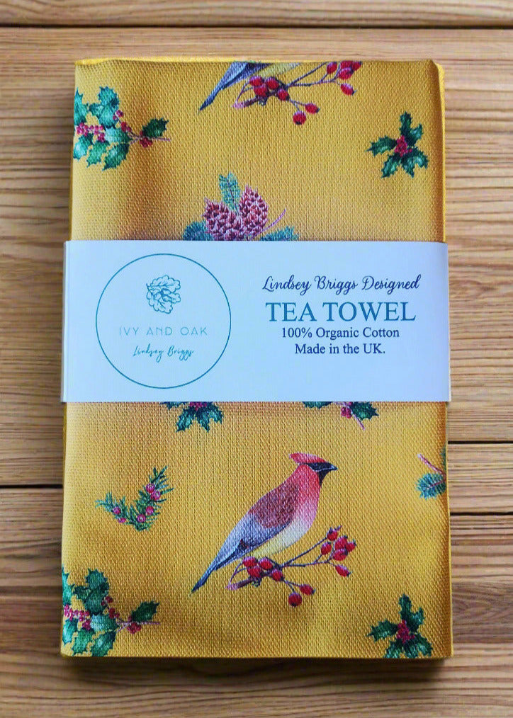 Winter Waxwing Organic cotton Tea Towel